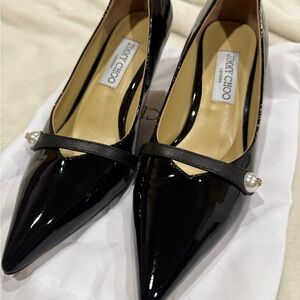 Jimmy Choo Black Patent Heels with Pearl Accent